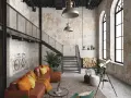 Przytulny salon loft z ceglanymi ścianami, brązową kanapą, schodami na antresolę i rowerem na ścianie.
