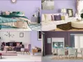 Sypialnia, salon i jadalnia w odcieniach lawendy i fioletu. Wygodne sofy, łóżko z bogatą pościelą i elegancka jadalnia tworzą przytulną atmosferę.