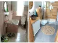 Przed i po: stara, zaniedbana łazienka kontra nowoczesna, przytulna łazienka boho z drewnianymi elementami i okrągłym dywanem.