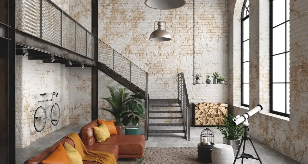 Przytulny salon loft z ceglanymi ścianami, brązową kanapą, schodami na antresolę i rowerem na ścianie.