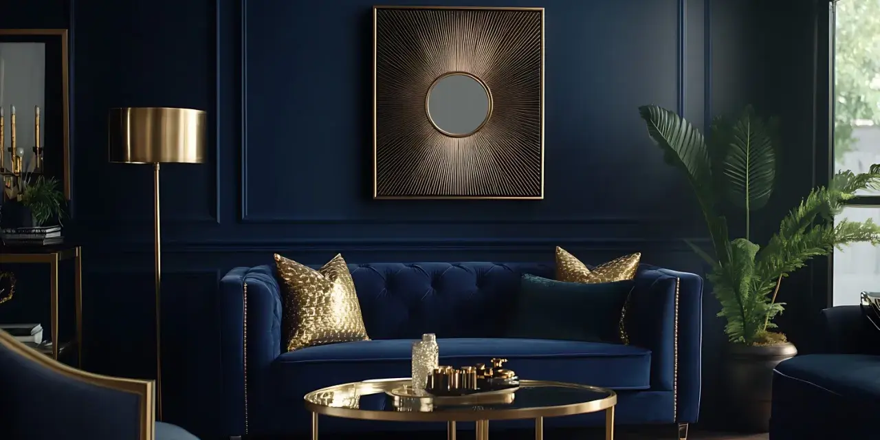 Elegancki salon z granatową ścianą, aksamitną kanapą i złotymi dodatkami. Inspiracje dla miłośników luksusu.