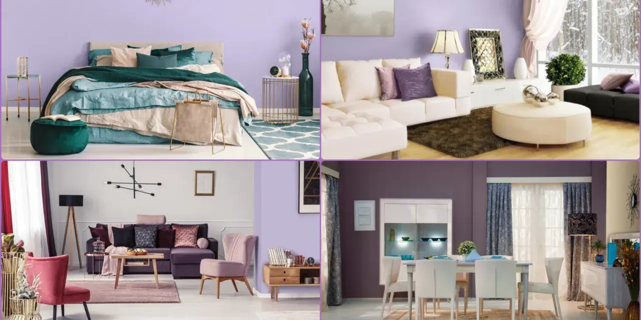 Sypialnia, salon i jadalnia w odcieniach lawendy i fioletu. Wygodne sofy, łóżko z bogatą pościelą i elegancka jadalnia tworzą przytulną atmosferę.