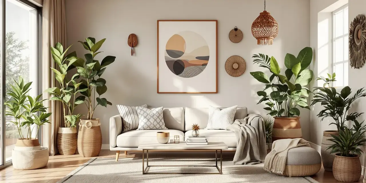Przytulny salon w stylu scandi boho z dużą ilością zielonych roślin, jasną sofą, plecionymi dodatkami i abstrakcyjnym obrazem na ścianie.