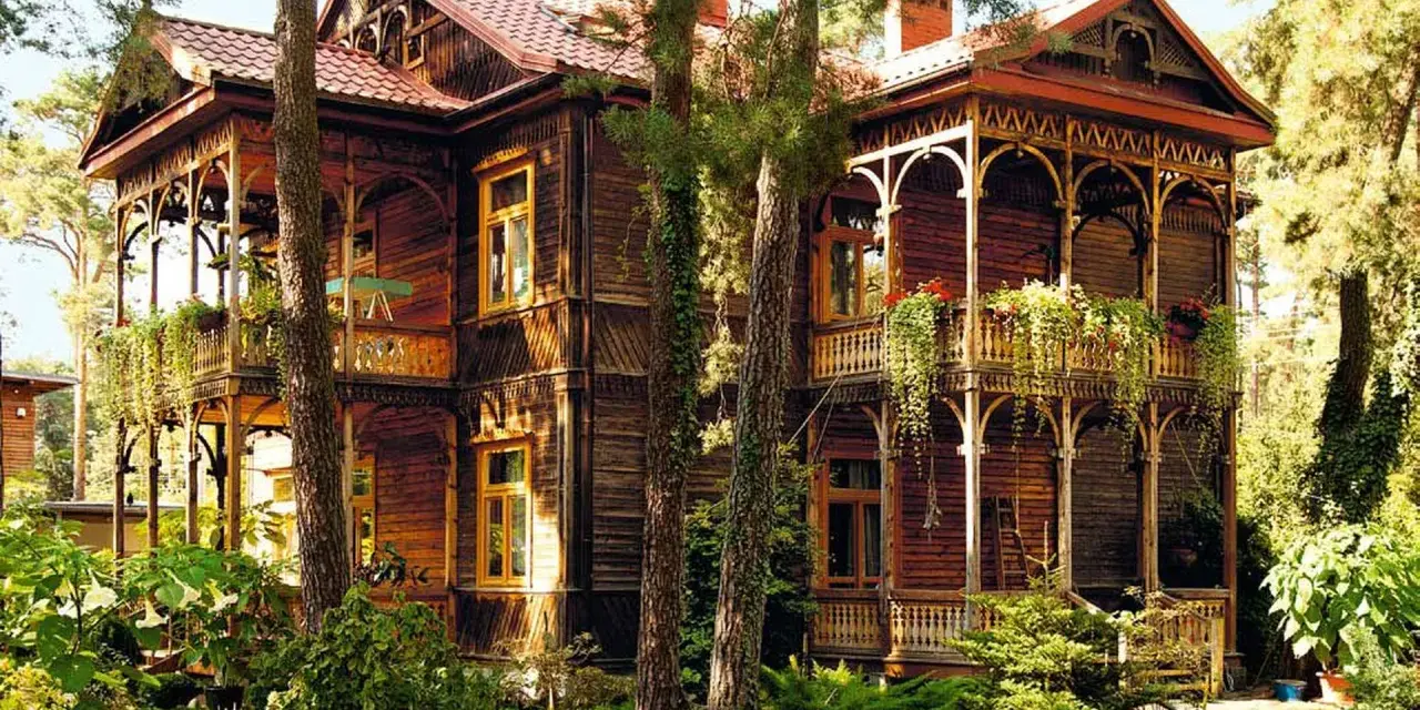 Drewniany dom w stylu świdermajer, z werandami i bogatymi zdobieniami, otoczony zielenią.