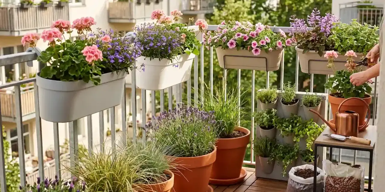 Balkon pełen kwitnących pelargonii, petunii i lawendy. Idealne jakie kwiaty na balkon w lipcu, by cieszyć się kolorami.
