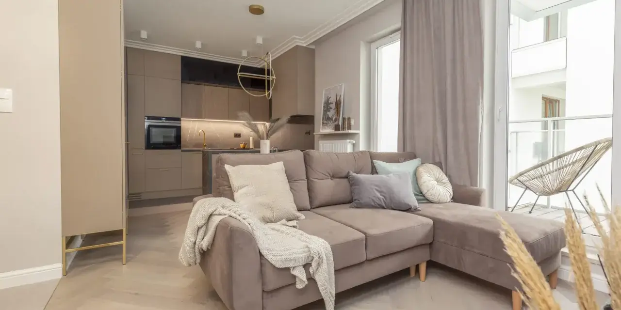Jak urządzić małe mieszkanie 40 m? Przytulny salon z aneksem kuchennym, wygodna sofa i stylowe dodatki.