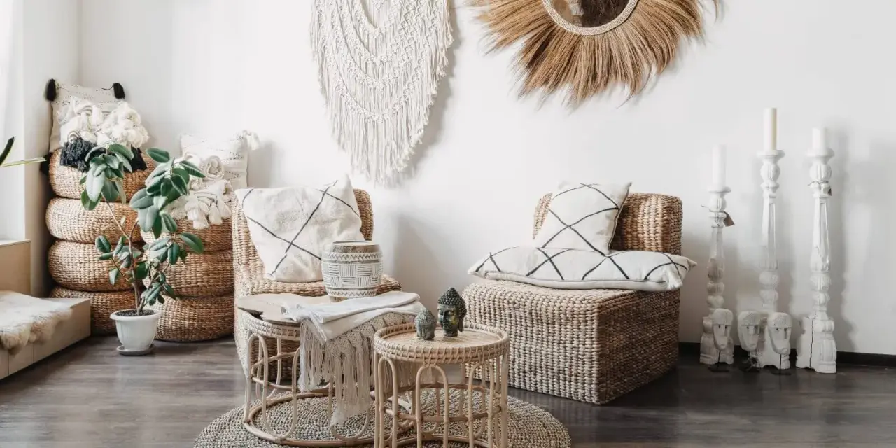 Przytulne styl boho mieszkanie z wiklinowymi meblami, makramą na ścianie i roślinami.