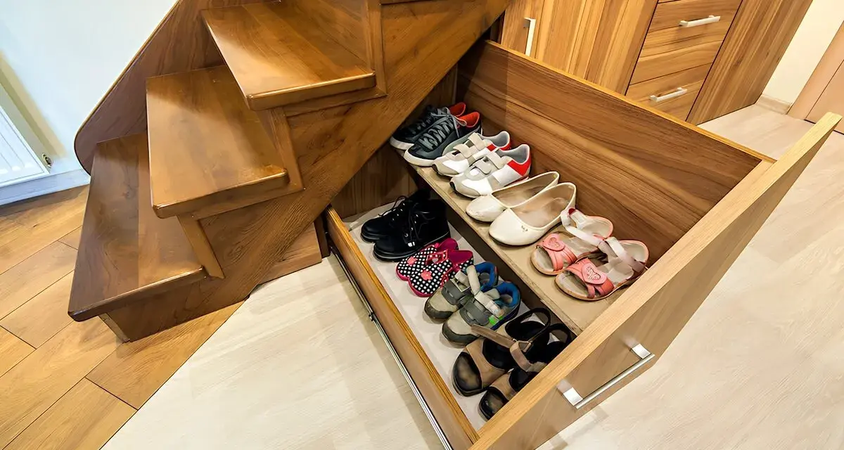 Wnęka pod schodami z wysuwanymi szufladami na buty. Pomysły na przechowywanie obuwia w praktyczny sposób.