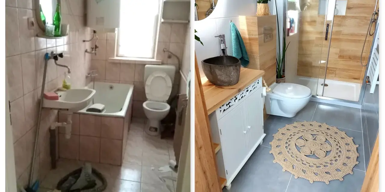 Przed i po: stara, zaniedbana łazienka kontra nowoczesna, przytulna łazienka boho z drewnianymi elementami i okrągłym dywanem.