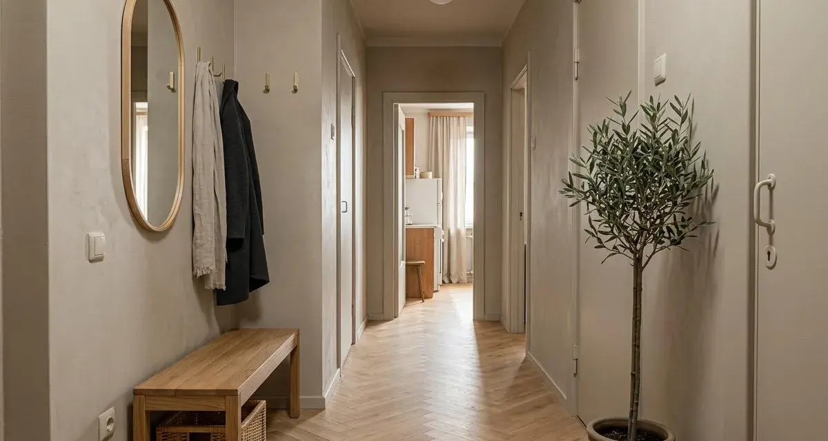 Minimalistyczny przedpokój: drewniana ławka, lustro, wieszaki, roślina w donicy. Wizualizacje jak urządzić przedpokój w stylu skandynawskim.