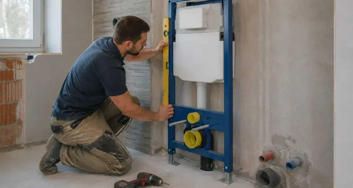 Instalator sprawdza poziomem, jak zabudować stelaż WC. Widać narzędzia i elementy instalacji.