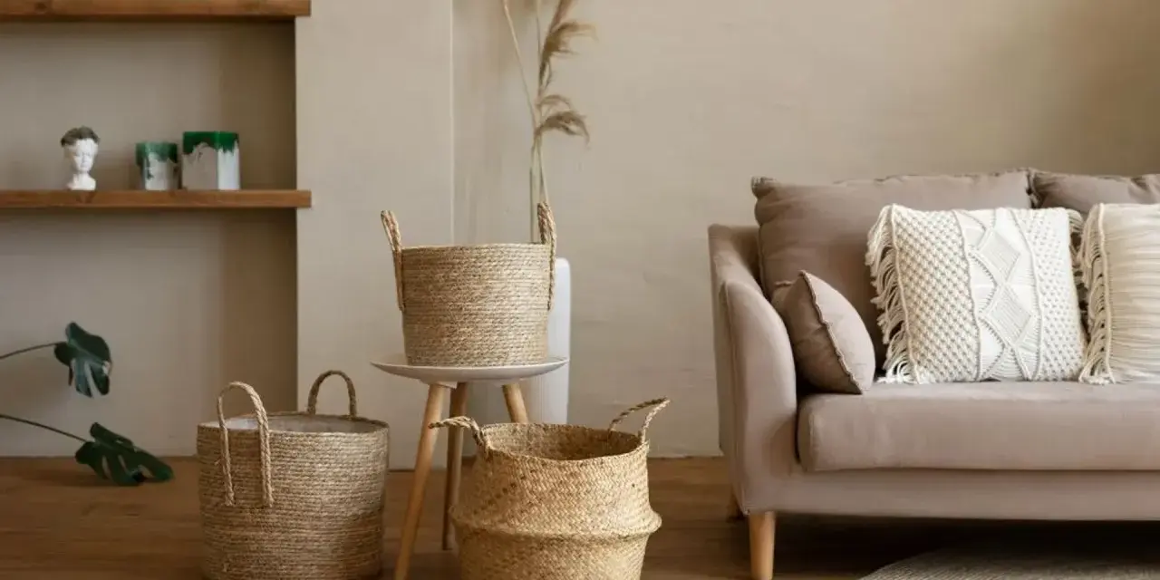 Przytulny salon w stylu boho: plecione kosze, sofa z makramową poduszką i drewniane półki tworzą ciepłą atmosferę.
