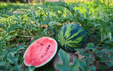 Na polu, wśród zielonych liści, leżą dwa arbuzy. Jeden cały, w paski, drugi przekrojony na pół, ukazujący soczysty, czerwony miąższ z pestkami. Tak właśnie rosną arbuzy.