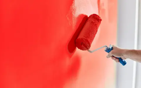 Malowanie ściany na intensywny czerwony kolor. Zastanawiasz się, ile schnie farba na ścianie? Wałek właśnie nakłada kolejną warstwę.