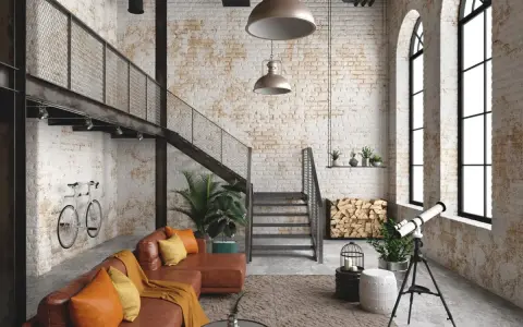 Przytulny salon loft z ceglanymi ścianami, brązową kanapą, schodami na antresolę i rowerem na ścianie.