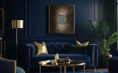 Elegancki salon z granatową ścianą, aksamitną kanapą i złotymi dodatkami. Inspiracje dla miłośników luksusu.