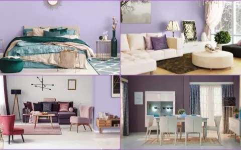 Sypialnia, salon i jadalnia w odcieniach lawendy i fioletu. Wygodne sofy, łóżko z bogatą pościelą i elegancka jadalnia tworzą przytulną atmosferę.