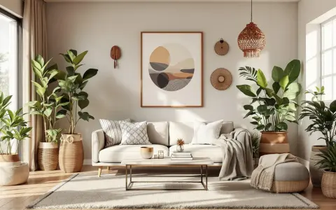 Przytulny salon w stylu scandi boho z dużą ilością zielonych roślin, jasną sofą, plecionymi dodatkami i abstrakcyjnym obrazem na ścianie.