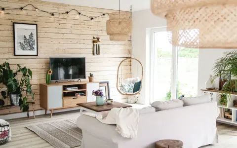 Przytulny salon z drewnianą ścianą, gdzie stara boazeria w nowej odsłonie tworzy ciepłą atmosferę. Wygodna sofa, wiszący fotel i rośliny dodają uroku.