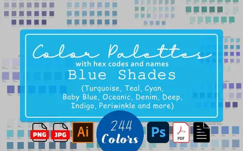 Kolekcja palet kolorów z nazwami odcieni niebieskiego: turkus, błękit, denim, indygo i inne. Dostępne w formatach PNG, JPG, Ai, Ps, PDF.