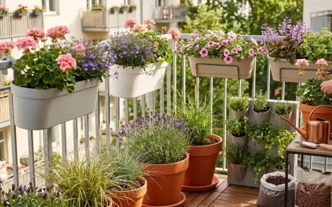 Balkon pełen kwitnących pelargonii, petunii i lawendy. Idealne jakie kwiaty na balkon w lipcu, by cieszyć się kolorami.
