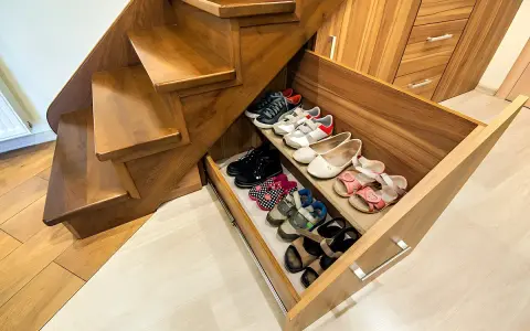 Wnęka pod schodami z wysuwanymi szufladami na buty. Pomysły na przechowywanie obuwia w praktyczny sposób.