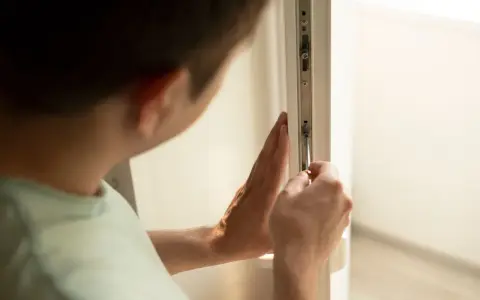 Mężczyzna reguluje drzwi balkonowe, dokręcając śrubę śrubokrętem.
