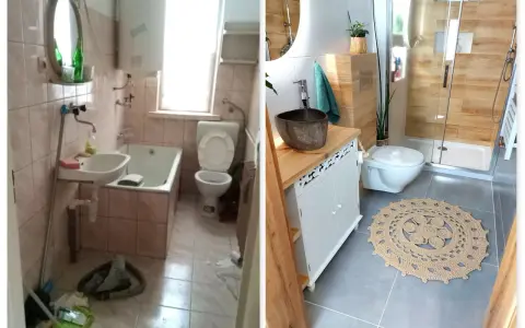 Przed i po: stara, zaniedbana łazienka kontra nowoczesna, przytulna łazienka boho z drewnianymi elementami i okrągłym dywanem.