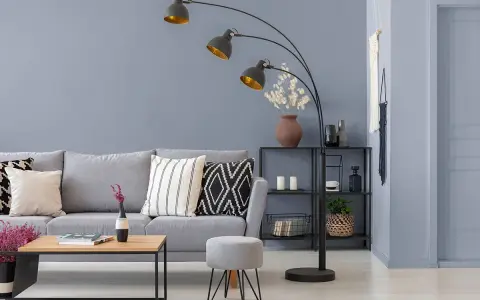 Sofa i puf w odcieniach **kolor grafitowy a szary**, obok stolik z książkami i wazon.