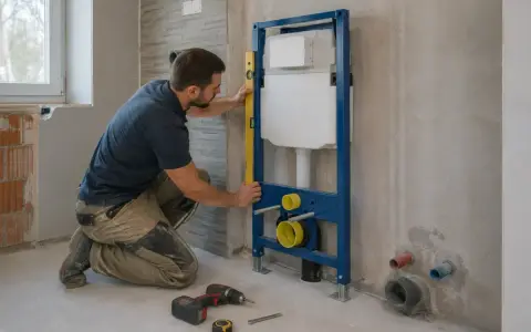 Instalator sprawdza poziomem, jak zabudować stelaż WC. Widać narzędzia i elementy instalacji.