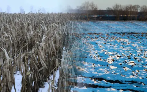 Pole kukurydzy w zimowej szacie, z widokiem na zaśnieżone pole. Jakby natura pokazała nam swój spektakularny, mroźny pokaz, niczym lampranthus spectabilis.