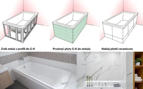 Jak obudować wannę: stelaż z profili, płyty G-K, a na końcu płytki ceramiczne. Efekt końcowy w łazience.
