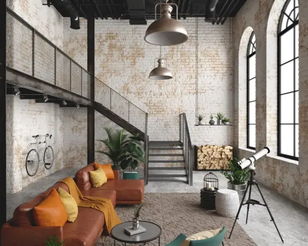 Przytulny salon loft z ceglanymi ścianami, brązową kanapą, schodami na antresolę i rowerem na ścianie.