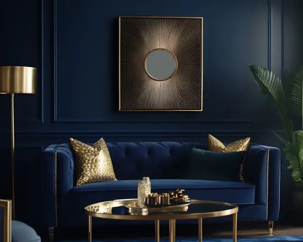 Elegancki salon z granatową ścianą, aksamitną kanapą i złotymi dodatkami. Inspiracje dla miłośników luksusu.