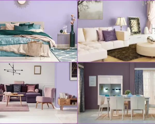 Sypialnia, salon i jadalnia w odcieniach lawendy i fioletu. Wygodne sofy, łóżko z bogatą pościelą i elegancka jadalnia tworzą przytulną atmosferę.