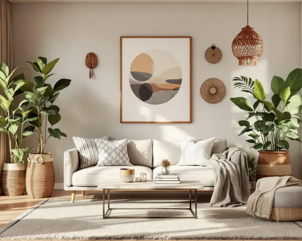 Przytulny salon w stylu scandi boho z dużą ilością zielonych roślin, jasną sofą, plecionymi dodatkami i abstrakcyjnym obrazem na ścianie.