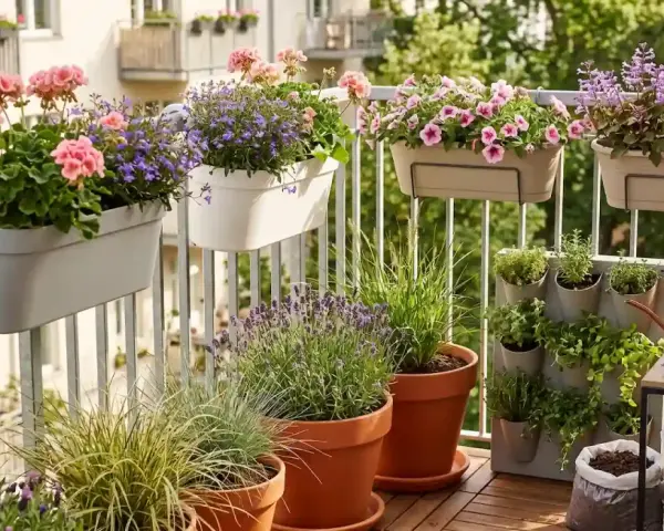 Balkon pełen kwitnących pelargonii, petunii i lawendy. Idealne jakie kwiaty na balkon w lipcu, by cieszyć się kolorami.