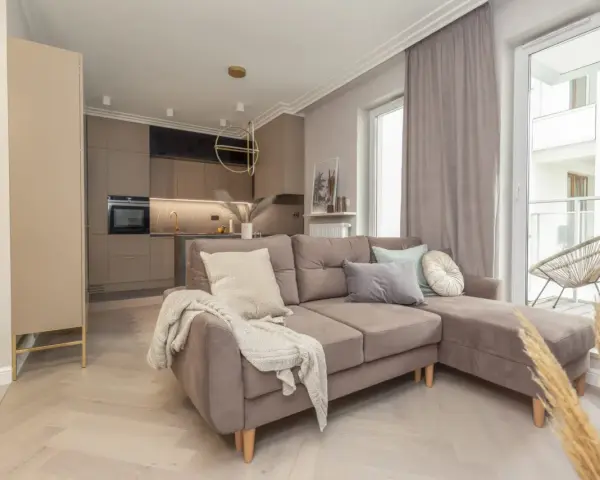 Jak urządzić małe mieszkanie 40 m? Przytulny salon z aneksem kuchennym, wygodna sofa i stylowe dodatki.