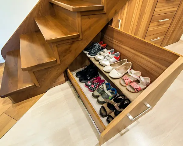 Wnęka pod schodami z wysuwanymi szufladami na buty. Pomysły na przechowywanie obuwia w praktyczny sposób.