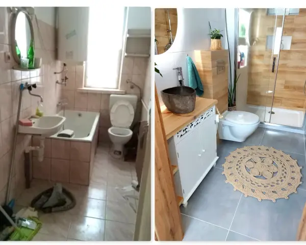 Przed i po: stara, zaniedbana łazienka kontra nowoczesna, przytulna łazienka boho z drewnianymi elementami i okrągłym dywanem.