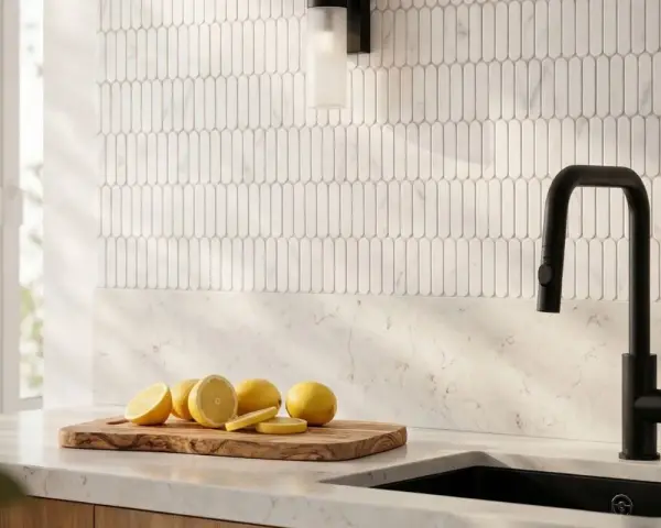 Elegancka kuchnia z białymi, podłużnymi płytkami na ścianie i podłodze. Na blacie leżą cytryny.