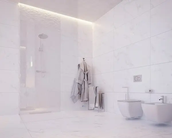 Nowoczesna łazienka z prysznicem i bidetem. Płytki 120x60 ułożone pionowo, tworząc elegancką przestrzeń.