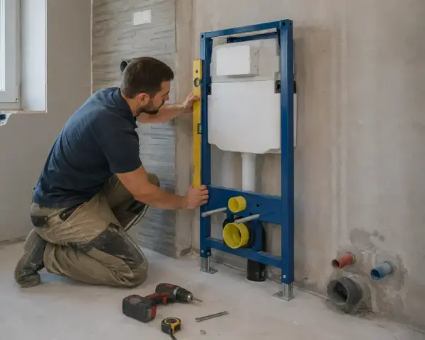 Instalator sprawdza poziomem, jak zabudować stelaż WC. Widać narzędzia i elementy instalacji.