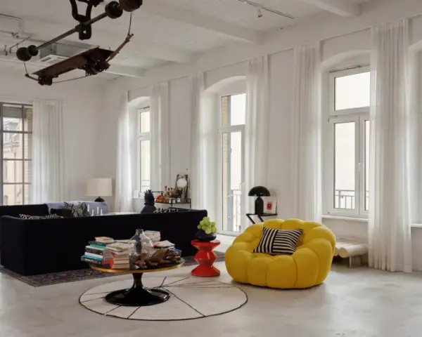 Nowoczesny salon z meblami w stylu bauhaus. Co to za styl? Proste formy, funkcjonalność i minimalizm.