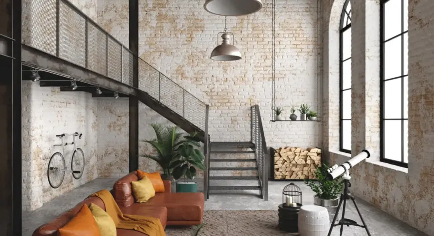 Przytulny salon loft z ceglanymi ścianami, brązową kanapą, schodami na antresolę i rowerem na ścianie.
