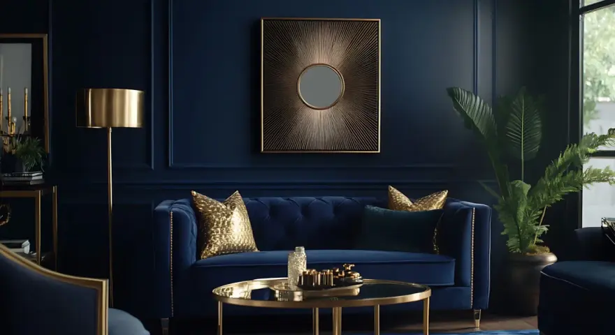 Elegancki salon z granatową ścianą, aksamitną kanapą i złotymi dodatkami. Inspiracje dla miłośników luksusu.