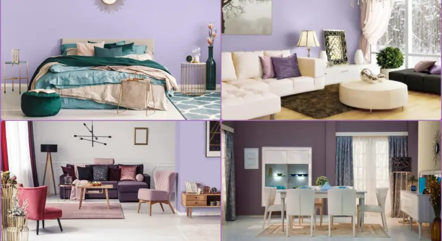 Sypialnia, salon i jadalnia w odcieniach lawendy i fioletu. Wygodne sofy, łóżko z bogatą pościelą i elegancka jadalnia tworzą przytulną atmosferę.