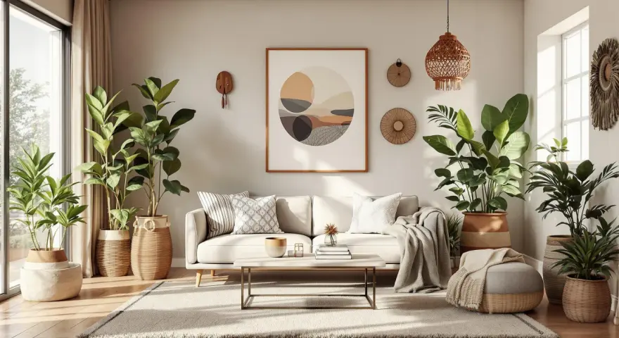 Przytulny salon w stylu scandi boho z dużą ilością zielonych roślin, jasną sofą, plecionymi dodatkami i abstrakcyjnym obrazem na ścianie.