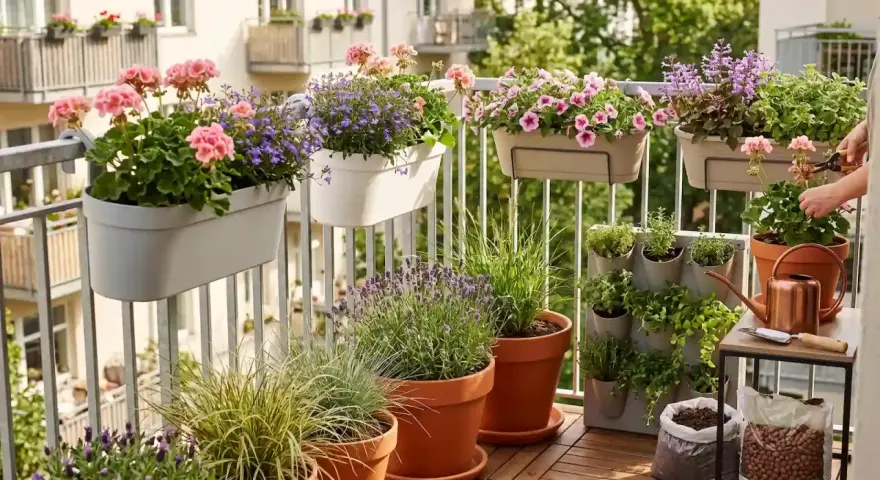 Balkon pełen kwitnących pelargonii, petunii i lawendy. Idealne jakie kwiaty na balkon w lipcu, by cieszyć się kolorami.