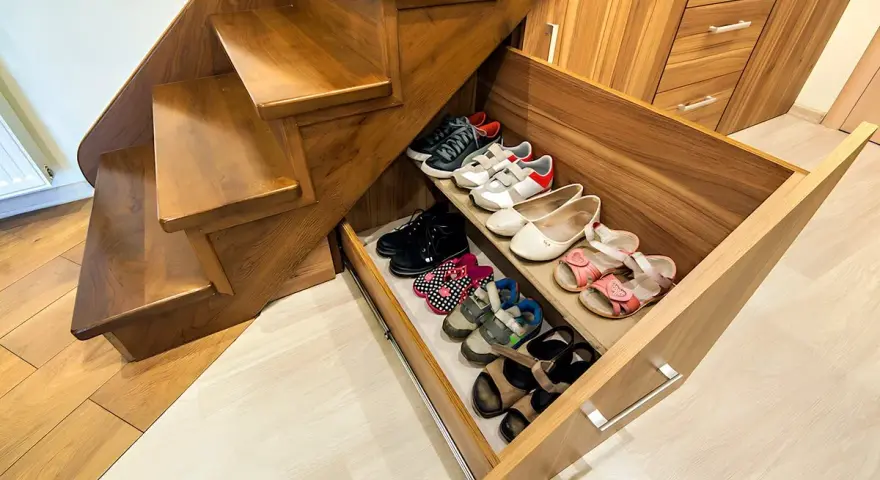 Wnęka pod schodami z wysuwanymi szufladami na buty. Pomysły na przechowywanie obuwia w praktyczny sposób.